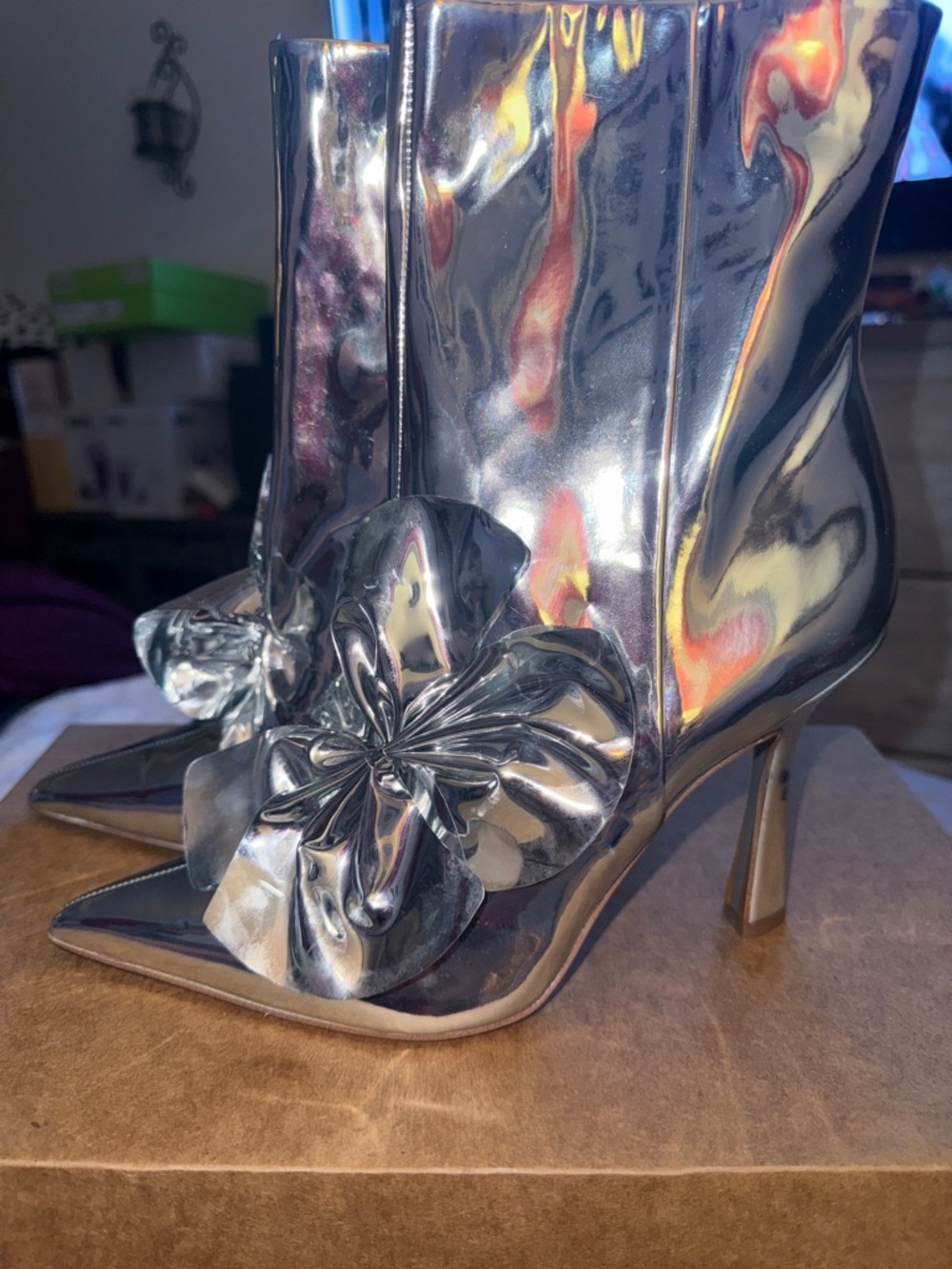 Sam Edelman Silver Pointed-Toe Ankle Boots with Floral Accent
